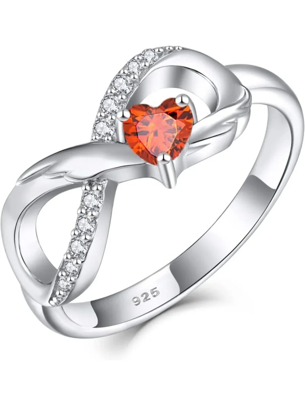 Women's Garnet Jan 925 Sterling Silver Infinity Promise Angel Wings Heart Ring